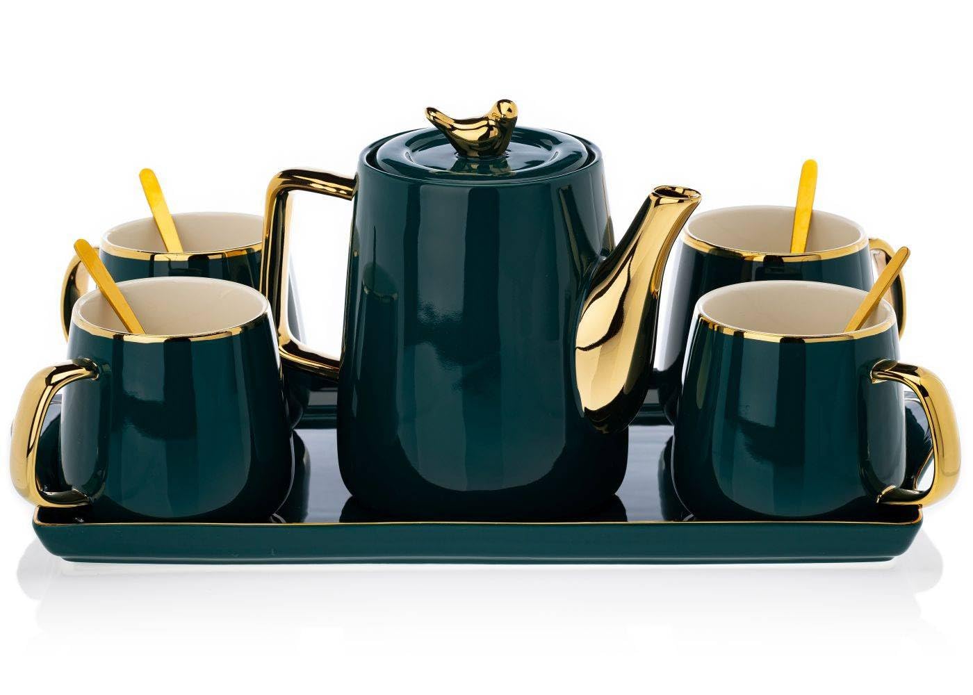 Service à café en céramique pour 4 personnes - Moderne - Vert - Avec théière, 4 tasses et plateau de service - Idéal pour le café, le thé ou d'autres boissons