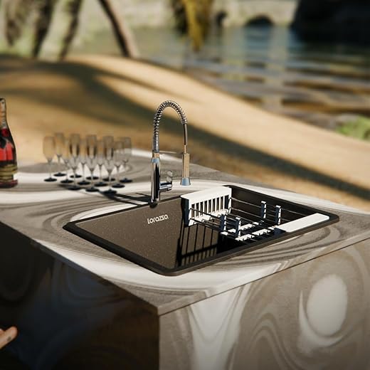 Lorazzo Quartz Kitchen Sink (MIDNIGHT BLACK)- Single Bowl | Quartz Sink for Kitchen 24X18 | with SS 304 Coupling, Rack & Waste Pipe | 10-Years Lorazzo Limited Warranty