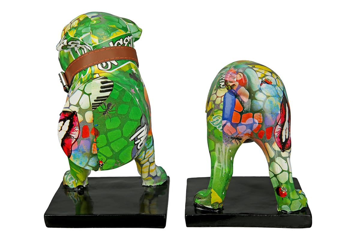 Casablanca Deko 1 Paar Buchstützen - Tierfigur Mops Hundefigur mit Halsband Glocke - Street Art Graffiti Schriftzug Wow - Dekoration Wohnzimmer - Gesamtlänge 22,5 cm