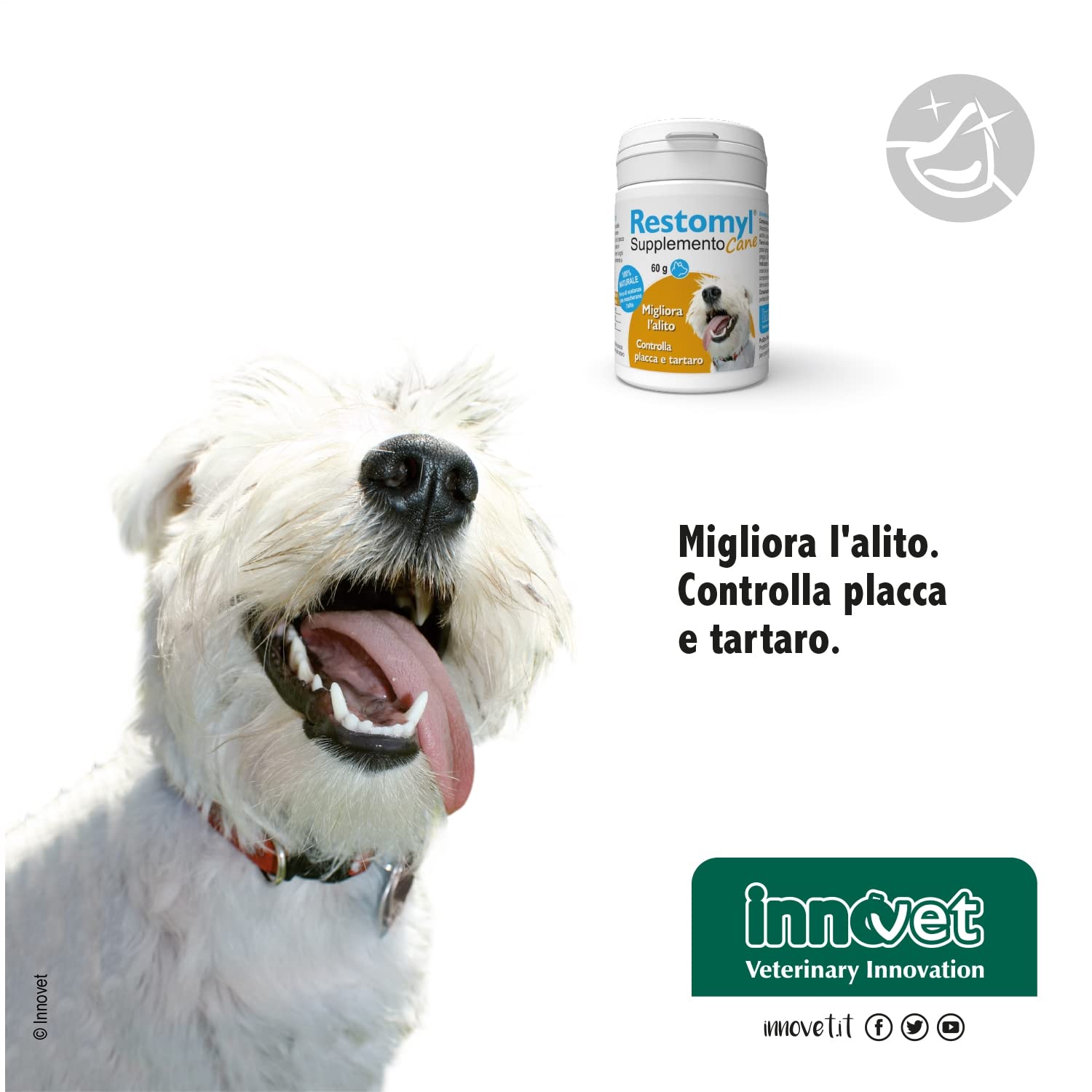 Restomyl Supplemento, Migliora l'alito. Controlla e previene la Placca e il Tartaro dei Cani - Flacone da 60g