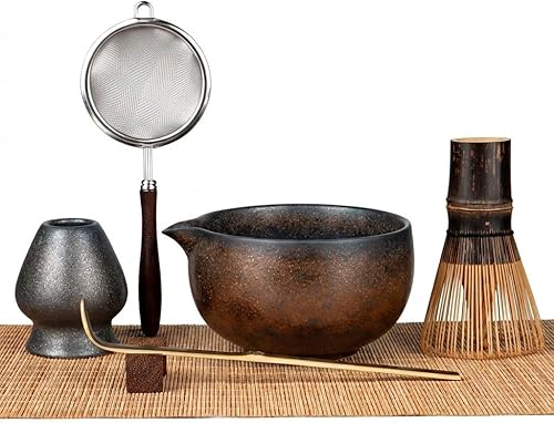 Matcha Whisk Set 7-Piece with Handmade Matcha Bowl & 100-Prong Purple Bamboo Whisk (Chasen), Complete Matcha Kit with Holder, Scoop & Rest, Bamboo