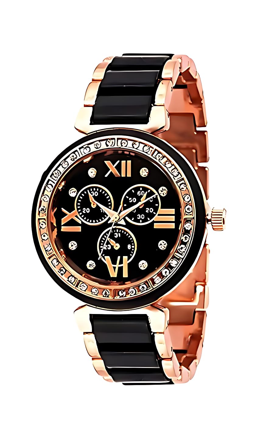 AMIGOS Watches for Women Round Studded Dial | Quartz Movemnet |Long Battery Life|Stainless Steel Bracelet Chain Strap|Double Lock Clasp Safety Watches for Girls (Black) (B0CMXCLJL2) Amazon Price History, Amazon Price Tracker