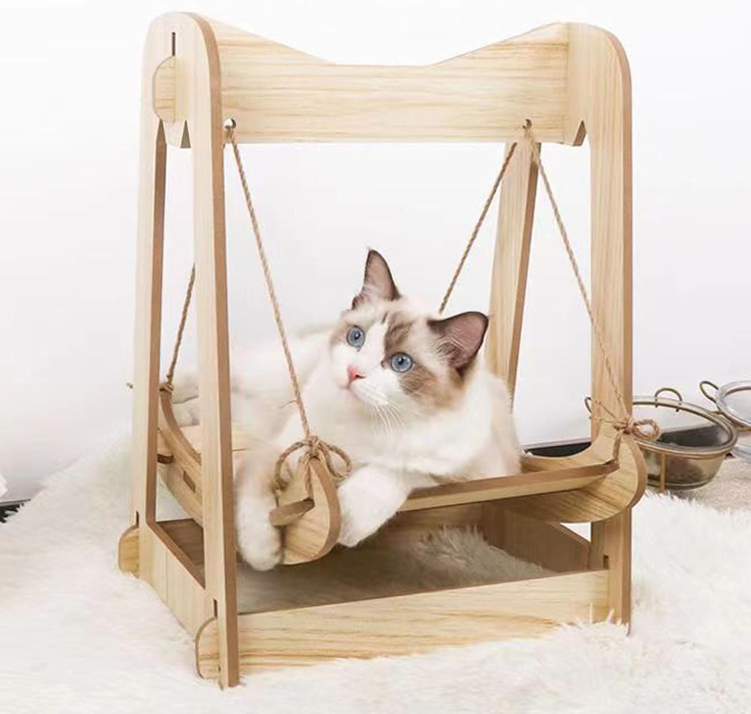 FILFEEL Wooden Cat Swing Hammock Stable Quiet Scratch Bite Hanging Cat Bed for Pets