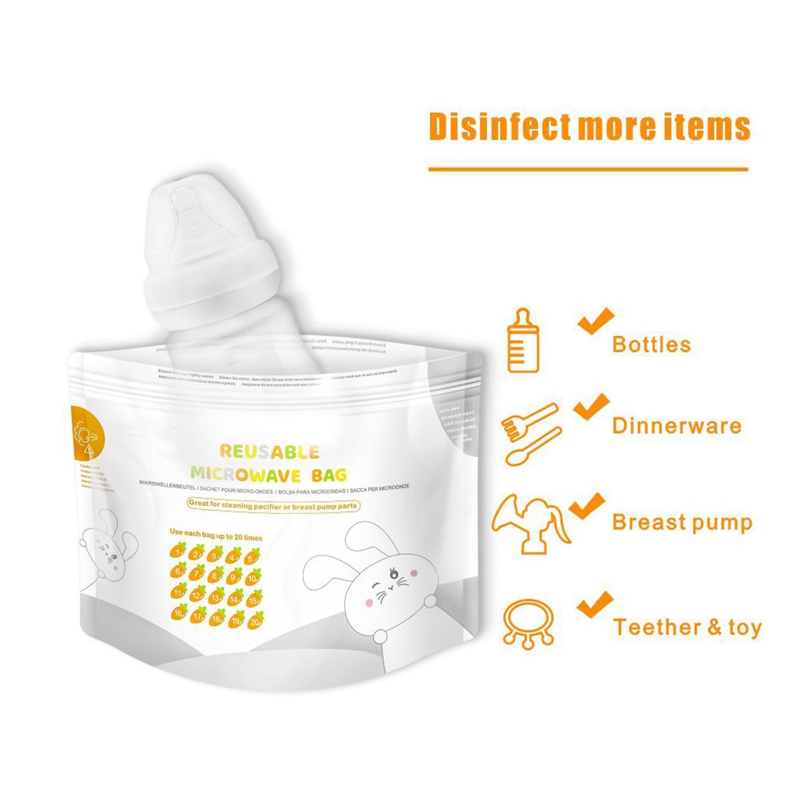 16/42 bolsas de limpieza, reutilizables, bolsas de esterilización de vapor para microondas para extractor de leche/biberón, 20 veces/hoja, solución de esterilizador portátil