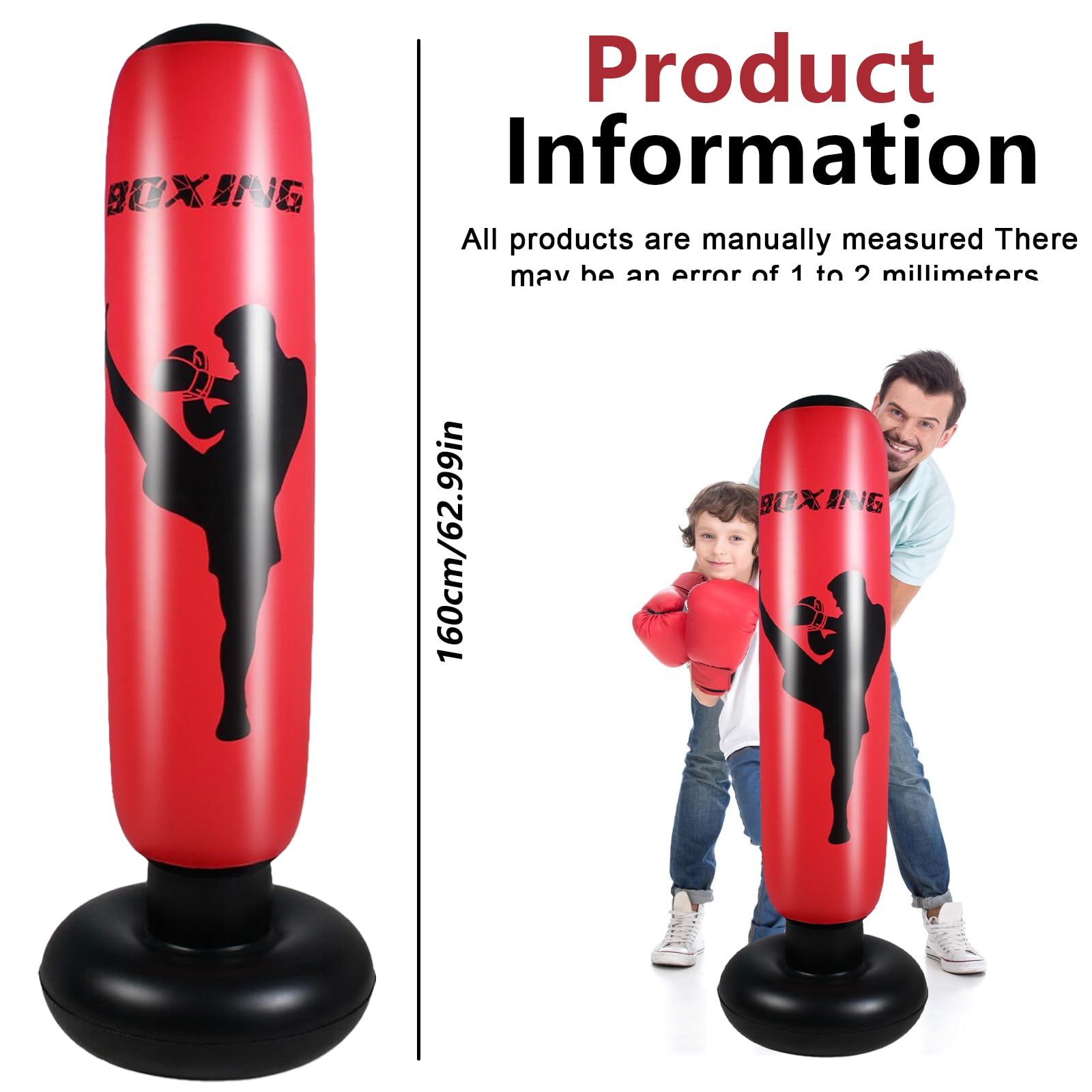 160CM Sac De Frappe Boxe Gonflable Sur Pied,Sac De Frappe Sur Pied Pour Enfant Adulte,Punching Ball Adultes Enfants Convient Pour Taekwondo, Karaté, Fitness