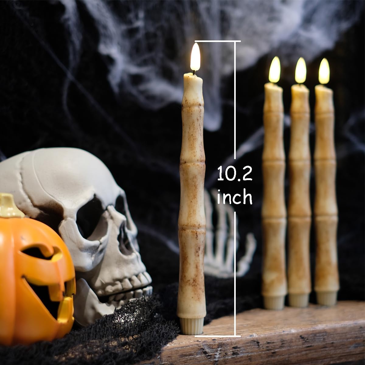 NONNO & ZGF Halloween 4 Pack LED Finger Taper Candles, Covered Real Paraffin Wax and Ground Cinnamon, 10.2'' Flameless Battery Operated Candle with Remote and Timer Function