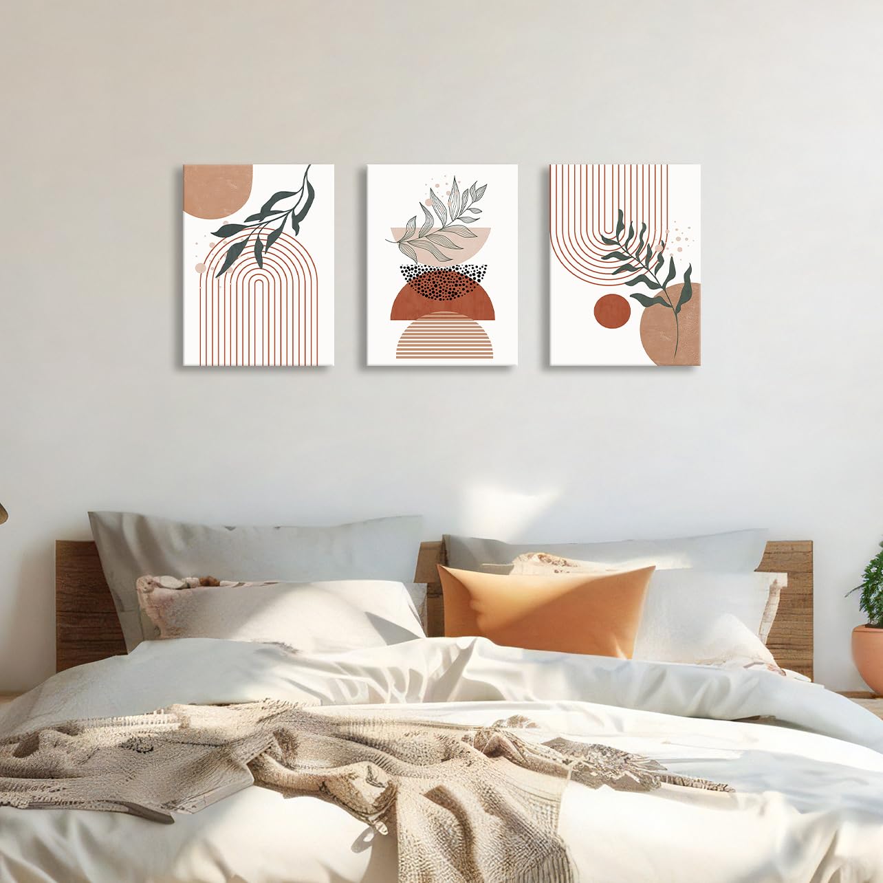 3 Pcs Wooden Framed Canvas Wall Art Set Bohemian Sage Green Canvas Prints Poster Geometric Line Beige Green Pictures for Living Room Bedroom Dinning Room Hallway Stairs Wall Decor 30x40cm x3pcs — view 309