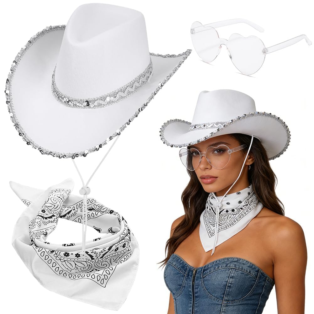FCXVXCL Cowboy Hat Three Piece Set Black Cowboy Sequin Western Hat Paisley Bandana & Heart Sunglasses Cowgirl Costume Accessories for Halloween Bachelorette Party