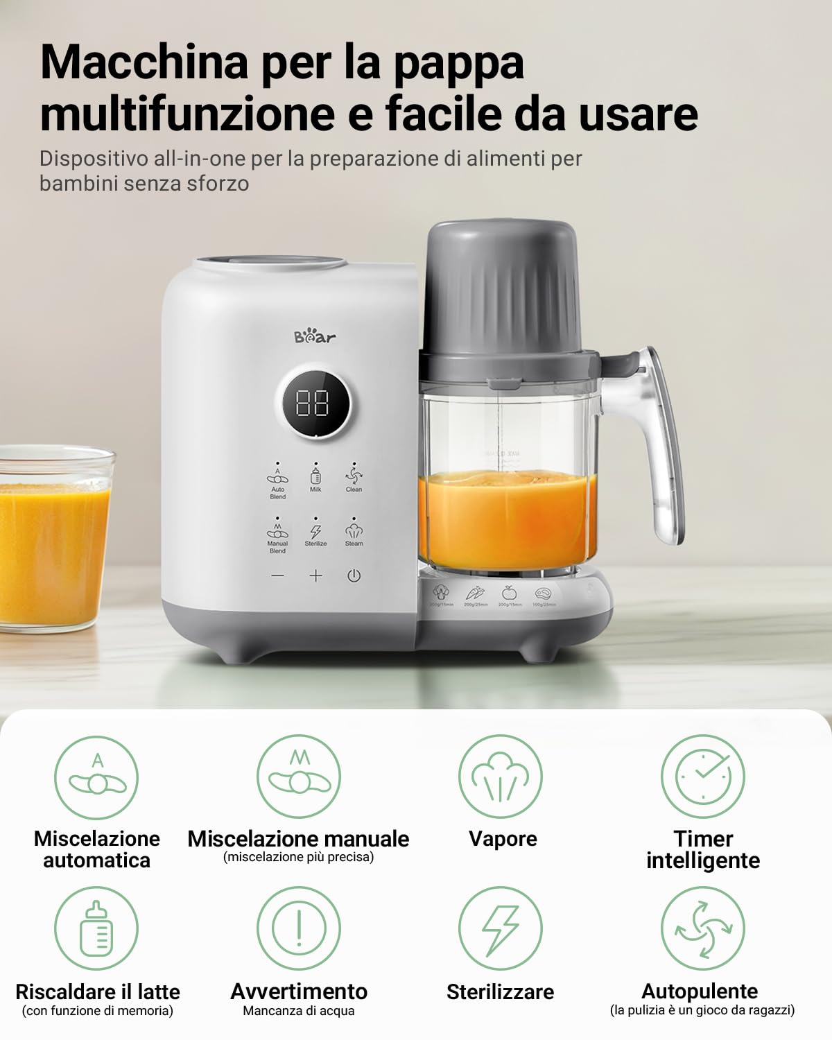 Bear Cuocere a vapore 6 in 1 con mixer Premium per alimenti per bambini (Bianco)