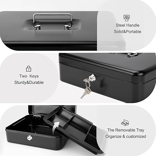 Miniatura 4 de Jssmst Caja de Efectivo Grande con Cerradura de Llave - Caja de Efectivo de Metal Duradera con Bandeja para Dinero, 11.81 x 9.84 x 3.46 pulgadas