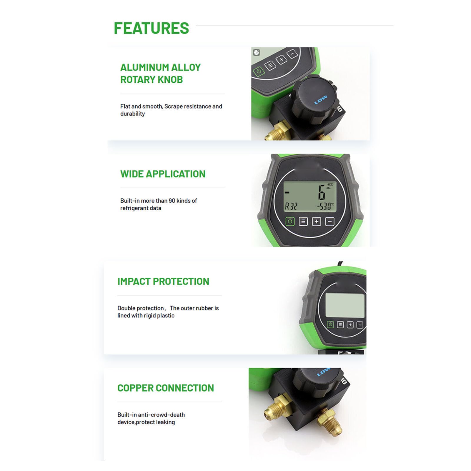 Digital HVAC Vacuum Gauge Tester, 5 Units Refrigerant Pressure Manifold Tester for AC Fluoridation 0 to 6000KPa with Coolants Temperature Relationship Database
