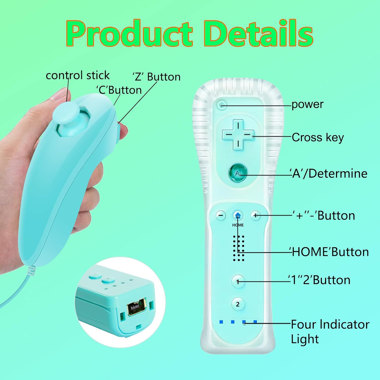 Wii Controller, KDYGPDCT 2 Packs Wii Controller and Wii Nunchuck for Wii and Wii U Console, with Silicone Case and Wrist Strap (Ice Blue + Light Green)