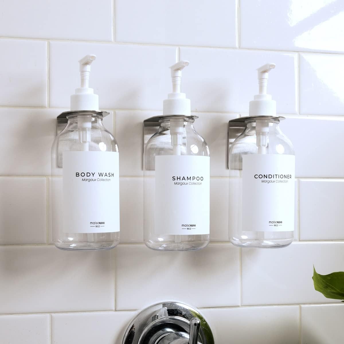 MaisoNovo Shampoo Dispenser for Shower Wall 3 Chamber - Drill Free Shower Soap Dispenser Wall Mount with Waterproof Labels | 3 Clear Plastic Bottles 3 Silver Wall Mounts : Home & Kitchen