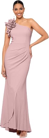 Xscape Womens Xscape Womens One-Shoulder,Floor-Length, Scuba Crepe Dress, with Ruffle Detail Petite
