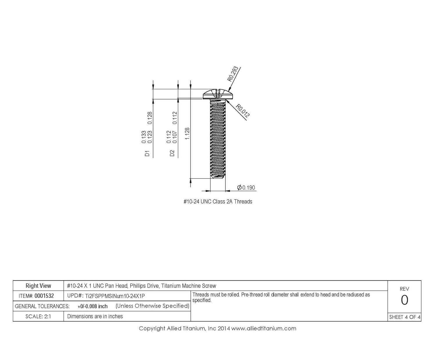 0001532, (Pack of 10) #10-24 X 1 UNC Titanium Pan Head, Phillips Drive, Machine Screw, Grade 2 (CP)