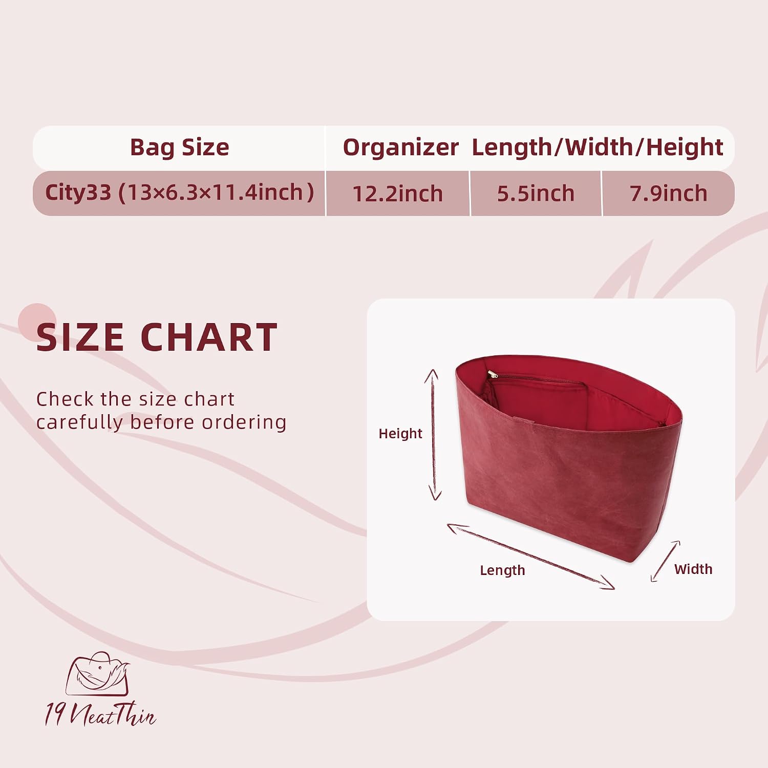 Lightweight Bag Insert for City Tote 33, Side Zipper, Wine Red image 4
