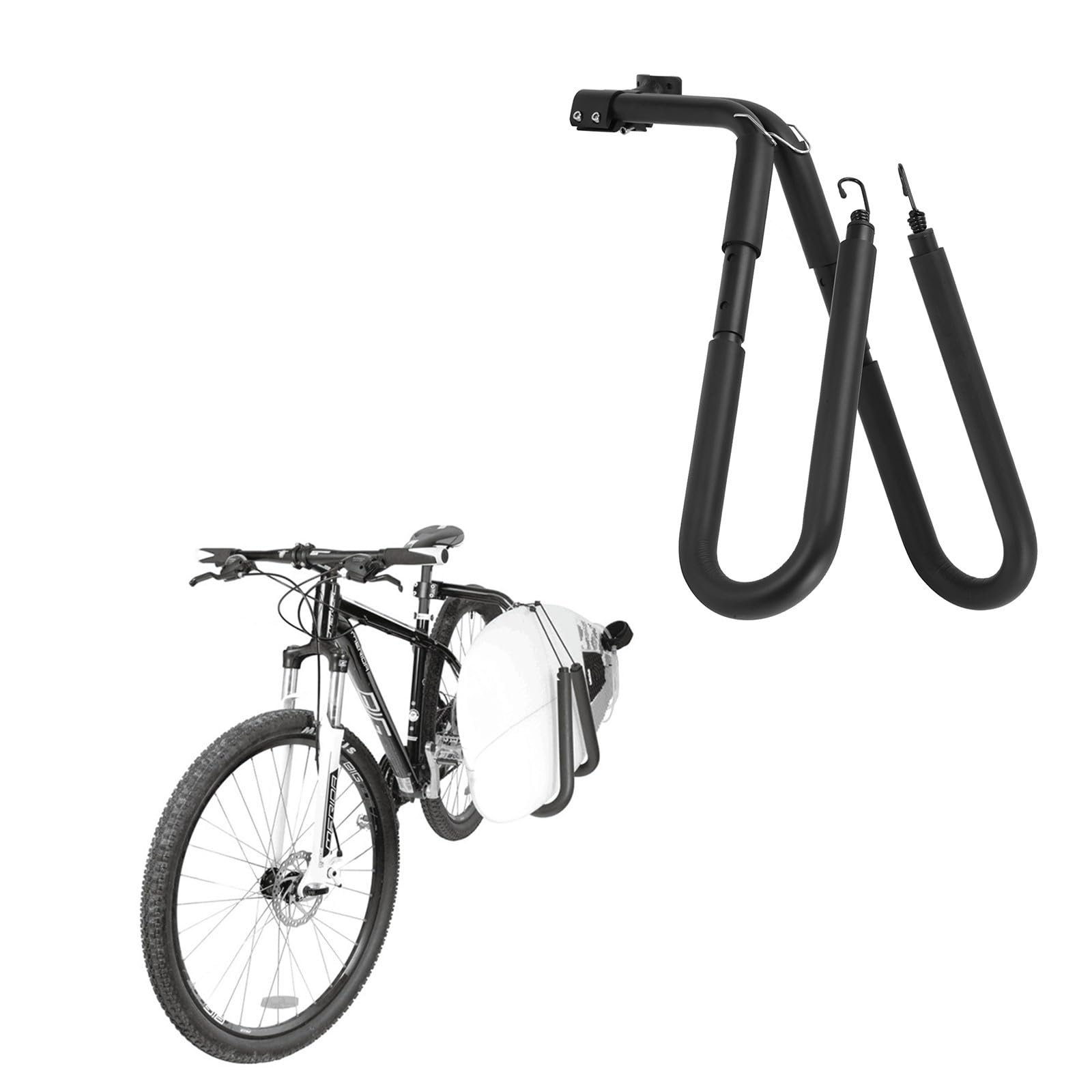 Porte-vélos pour planches de surf et snowboards compatible avec les shortboards, cadre en aluminium résistant avec rembourrage en mousse, s'adapte à tous les types de vélos fixés en toute sécurité