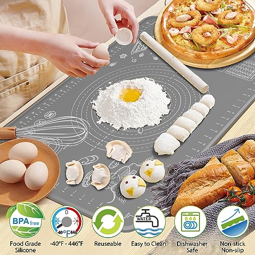 Silicone Pastry Mat 80x60 cm Extra Thick Non Stick Baking Mat with Measurements and Edge Heightening, Food Grade Silicone Rolling Dough Board for Pastry, Bread, Cookies, Pizza, Fondant, Pasta - Grey - Image 2