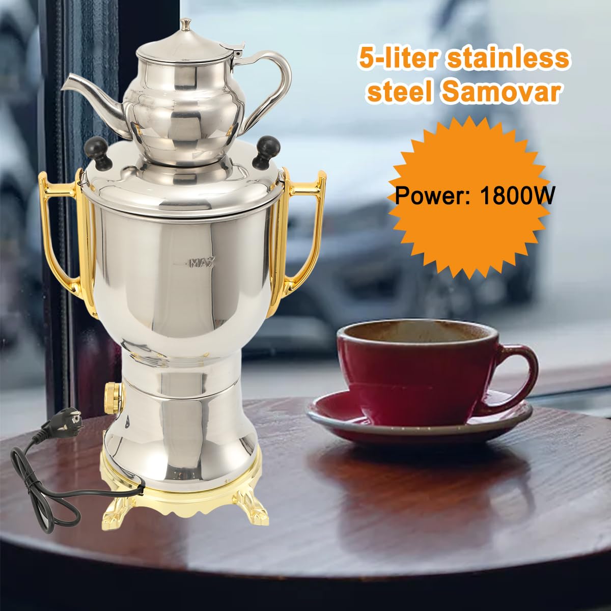 Edelstahl Holzkohle Samowar 5L, Russischer/Türkischer Samowar Elektrischer Teekocher, 4.0L Wasserbehälter + 1.0L Teekanne, 1800W Teekocher elektrisch für Hotel & Gastro geeignet