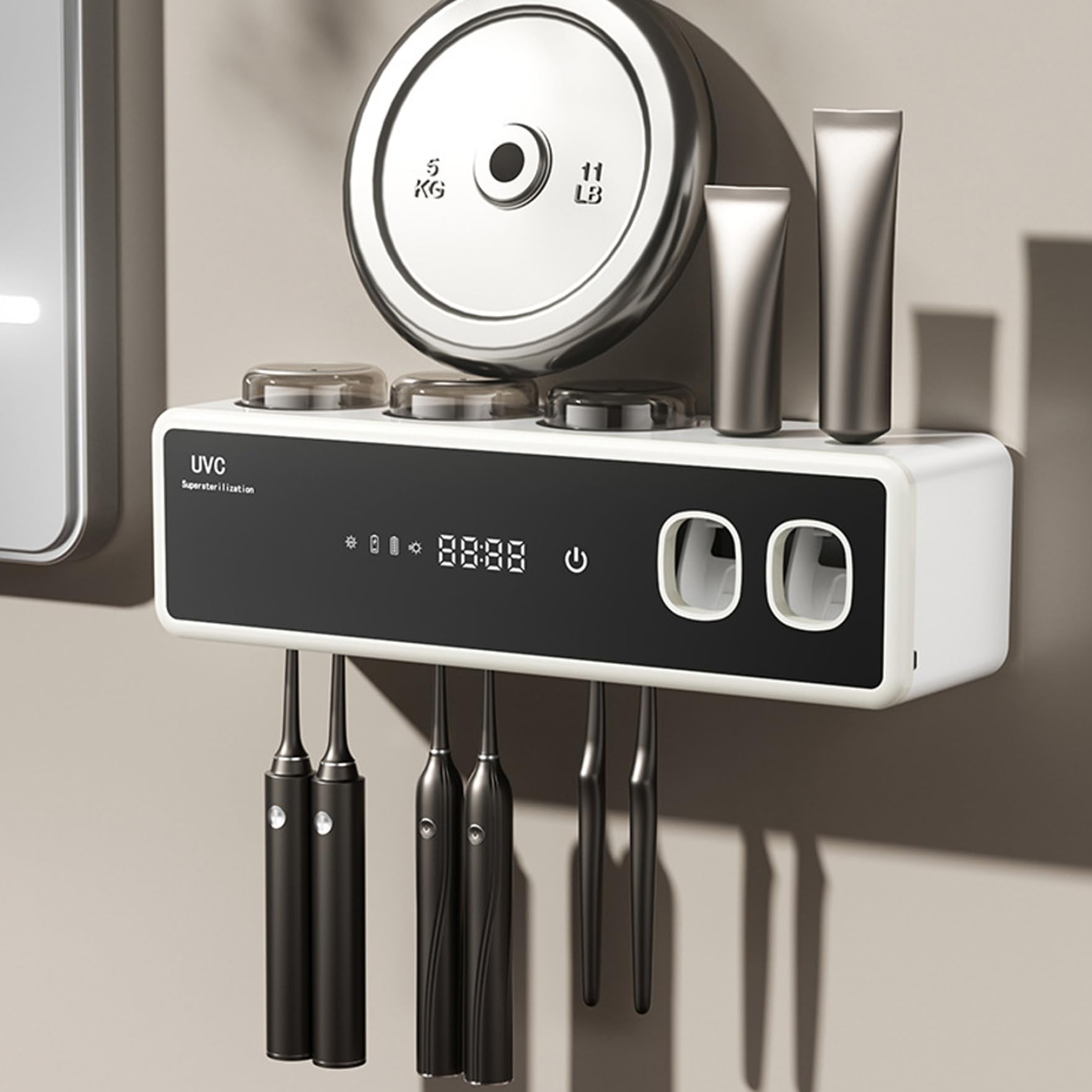 Portaspazzolino intelligente con raggi UV – Organizzatore per spazzolini elettrici montato a parete con dispenser automatico di dentifricio e funzione di asciugatura, bianco