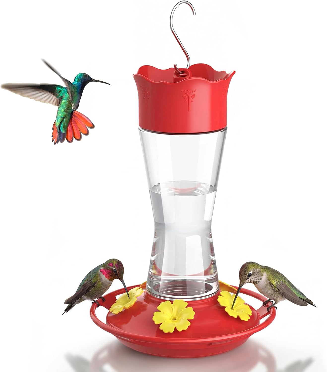 Kingsyard 2-Pack Glass Hummingbird Feeder for Outdoors Hanging, 14 oz Leak-Proof Humming Bird Feeders with Ant Moat & Bee Proof Feeding Ports, Hummingbird Gift for Bird Lovers (Red)