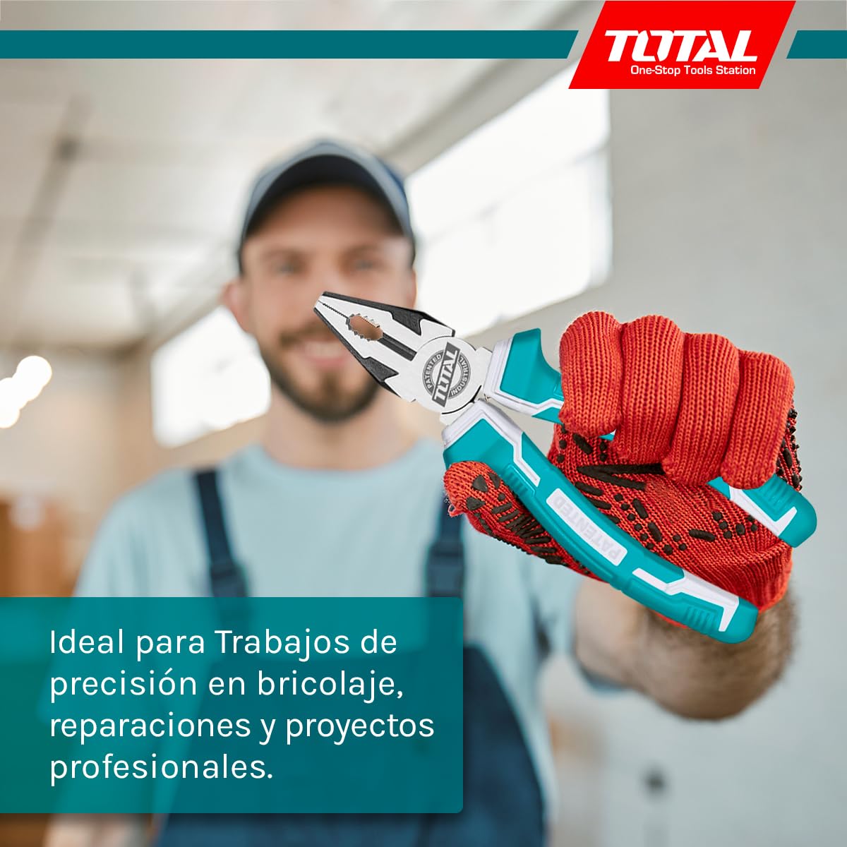 TOTAL - Juego de 3 Alicates - Universal 180 mm - Corte Diagonal 160 mm - Boca Plana 160 mm - Mango Ergonómico de Fibra - Acero - Ideal para Bricolaje y Electricistas - Peso 650 Gr