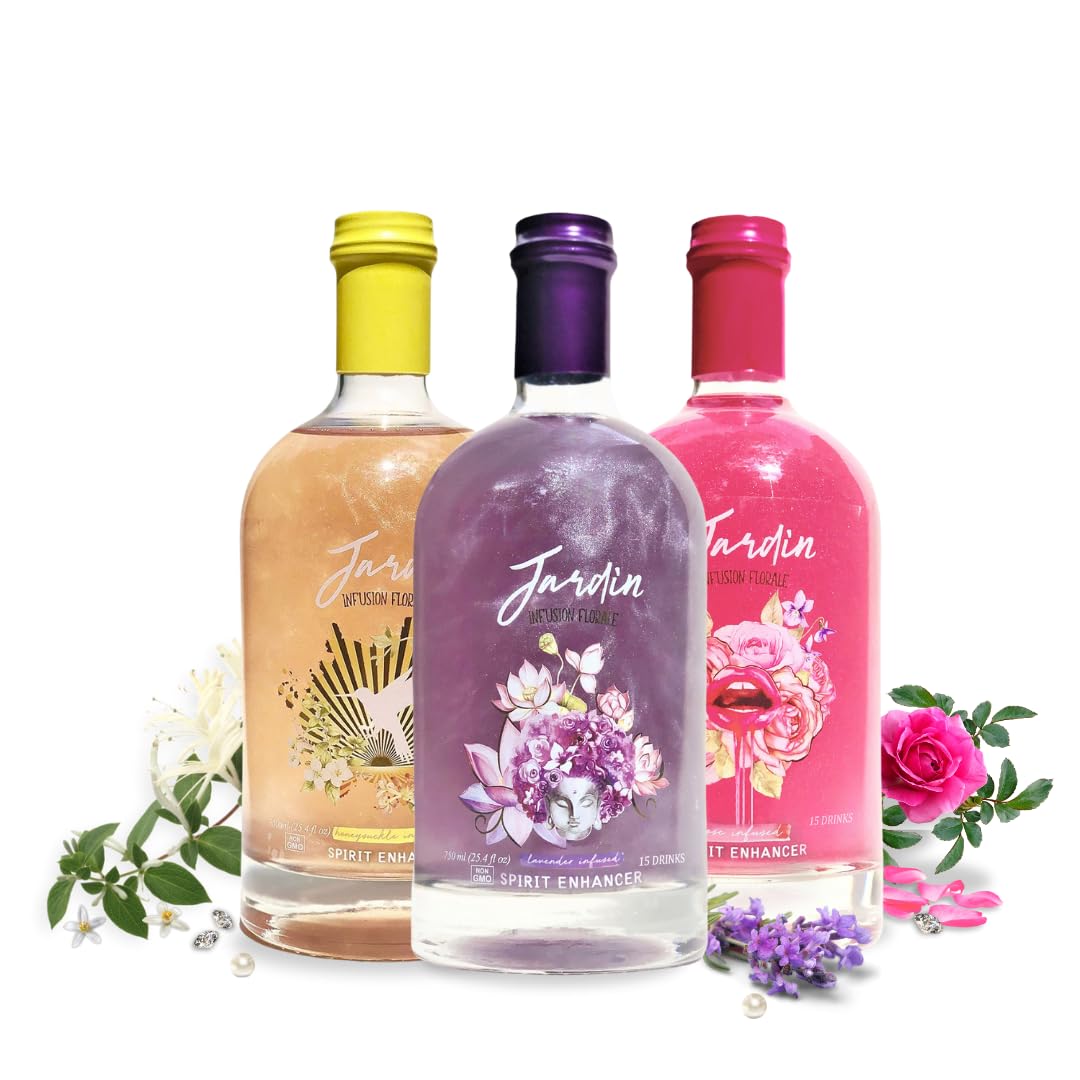 JARDIN PREMIUM 3 Pack Sugar Free Cocktail Mixers - Aromatic Spirit Enhancer for Cocktails and Mocktails - Rose, Honeysuckle, & Lavender Syrup for Coffee, Mimosas, Lemonade, & Spritzers (25.4 Fl Oz)