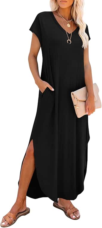 Summer Casual Maxi Dresses for Women- Women's V Neck Cap Sleeve Long Sundress with Pockets Beach Vacation