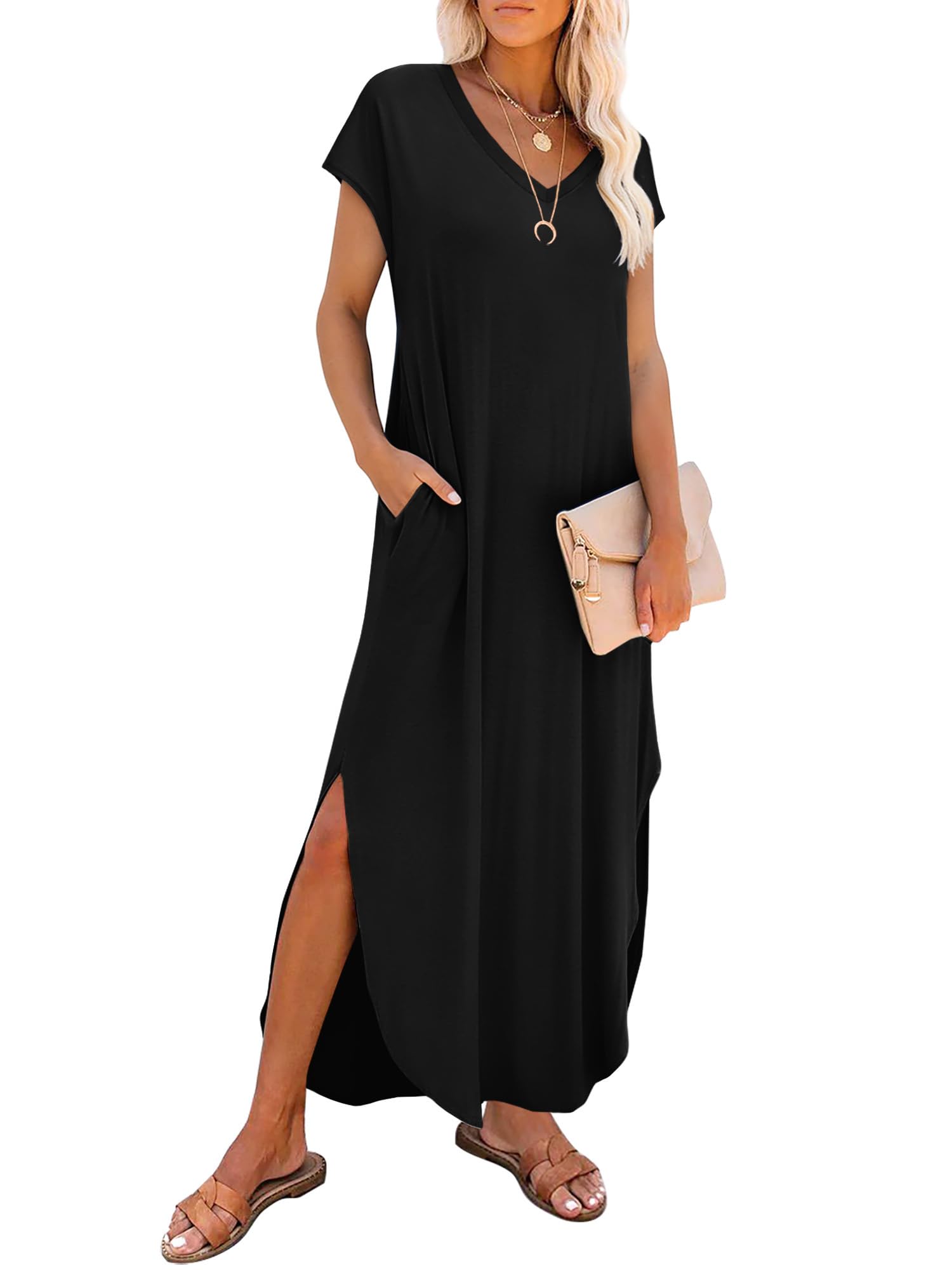 RUMIA Summer Casual Maxi Dresses for Women- Womens V Neck Cap Sleeve Long Sundress with Pockets Beach Vacation