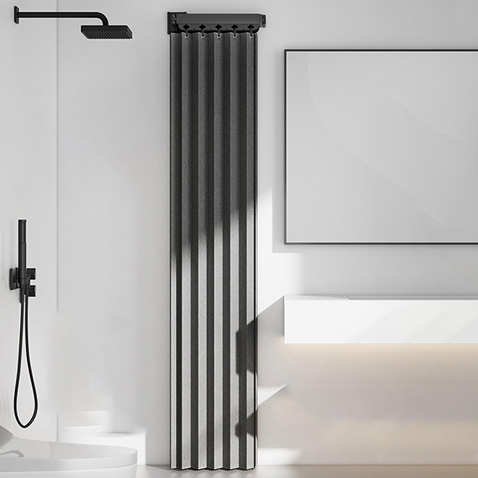 WQPMNYG Adjustable No-Drill Foldable Shower Curtain Rod with Waterproof Curtain Retractable L/U Shape for Small Bathrooms RVs & Changing Rooms - Space-Saving Solution