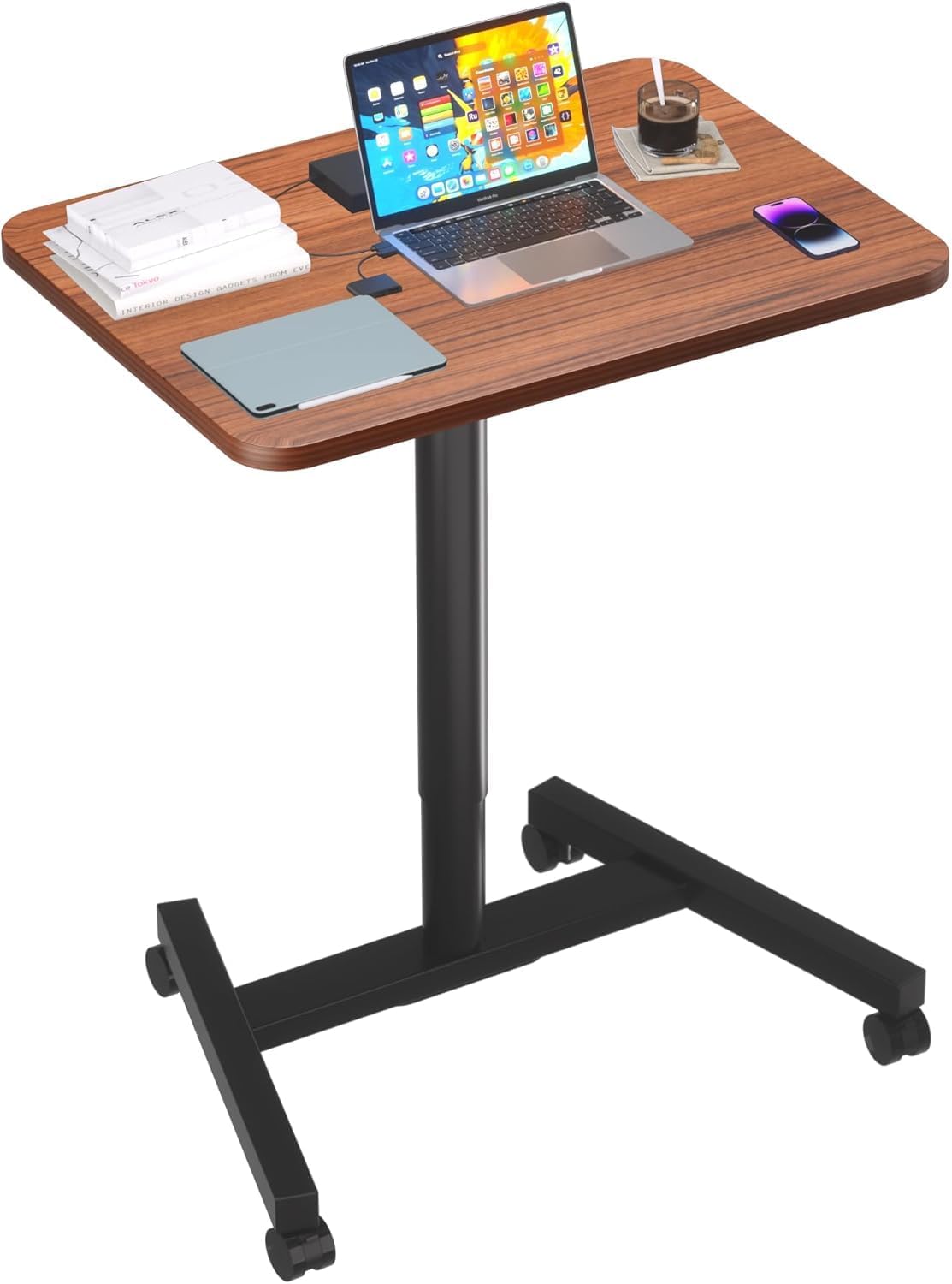 28-Inch Mobile Standing Desk, Adjustable Computer Desk, Portable Standing Desk with Lockable Wheels, Rolling Table for Home Office Classroom Hospital (Walnut) Walnut Aluminum Pro