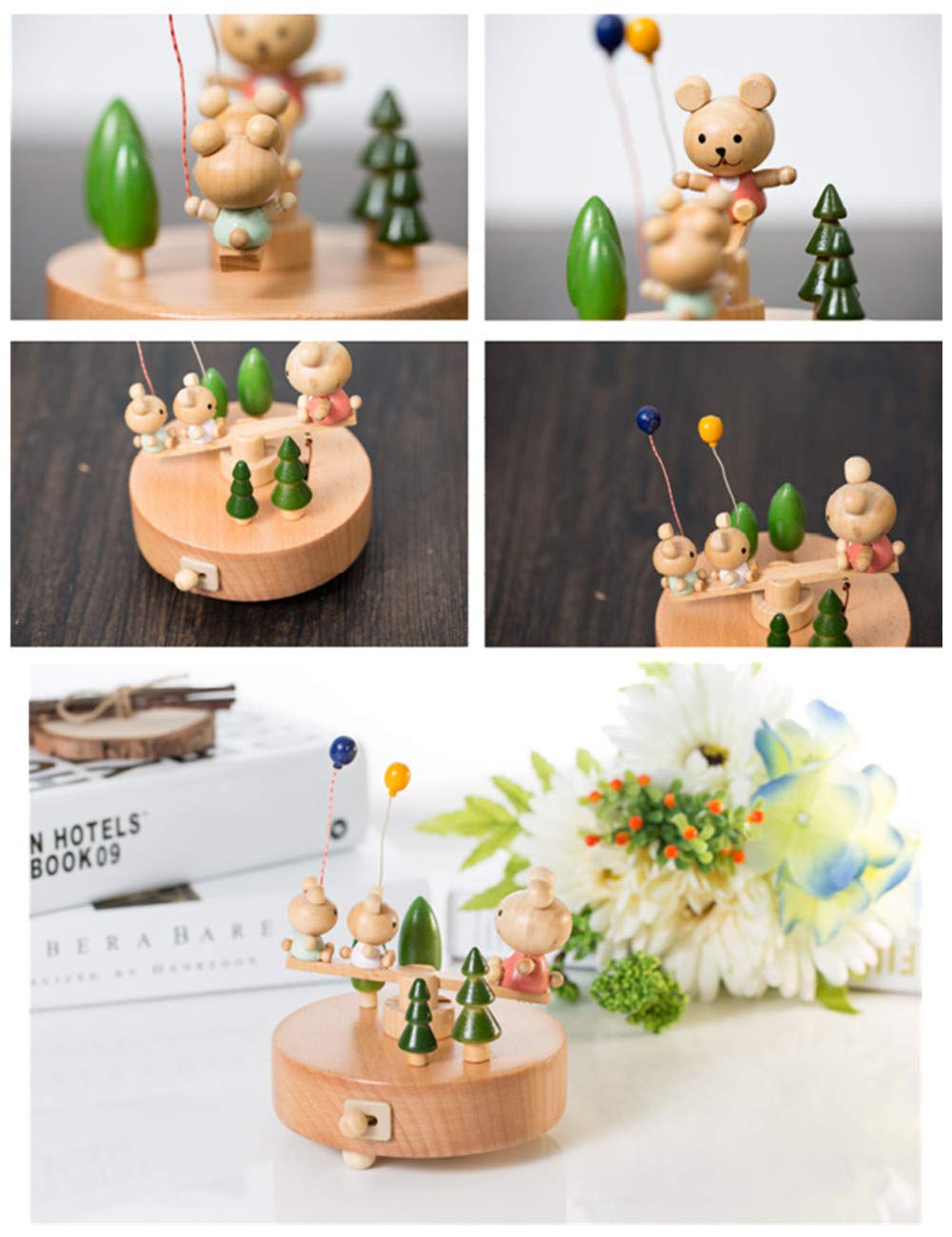 Scénarios Innovants Boîte à Musique en Bois, Premier Boîte à Musique Créatif Main Manivelle Boîte Décorative en Bois Cadeau et Décorations Idée pour Anniversaire, Noël - Ours Lapin Bascule