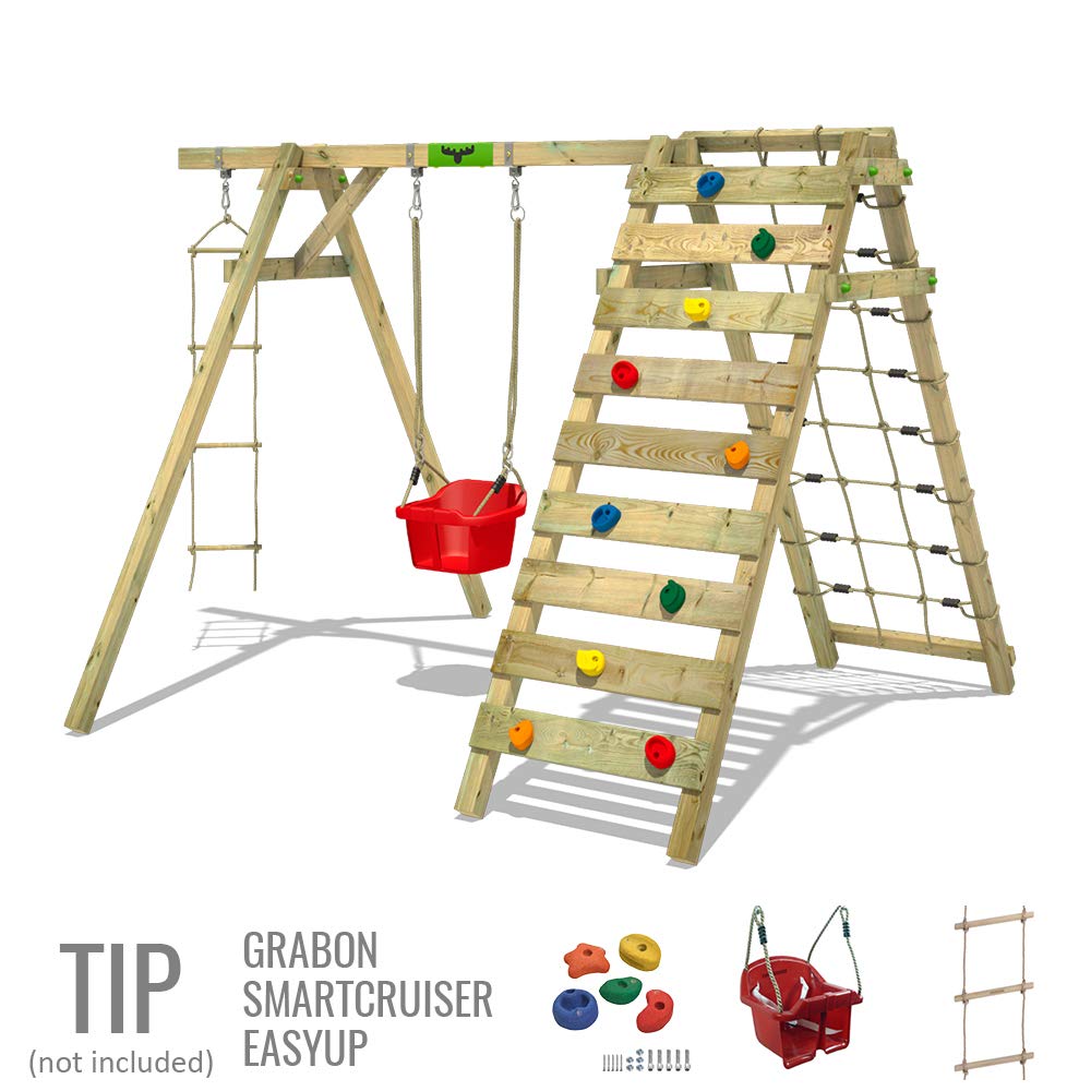 Altalena FATMOOSE JollyJungle per bambini verde mela in legno | Rete per l'arrampicata, Altalena doppia, Ampliamento per arrampicate, Da esterno o da giardino