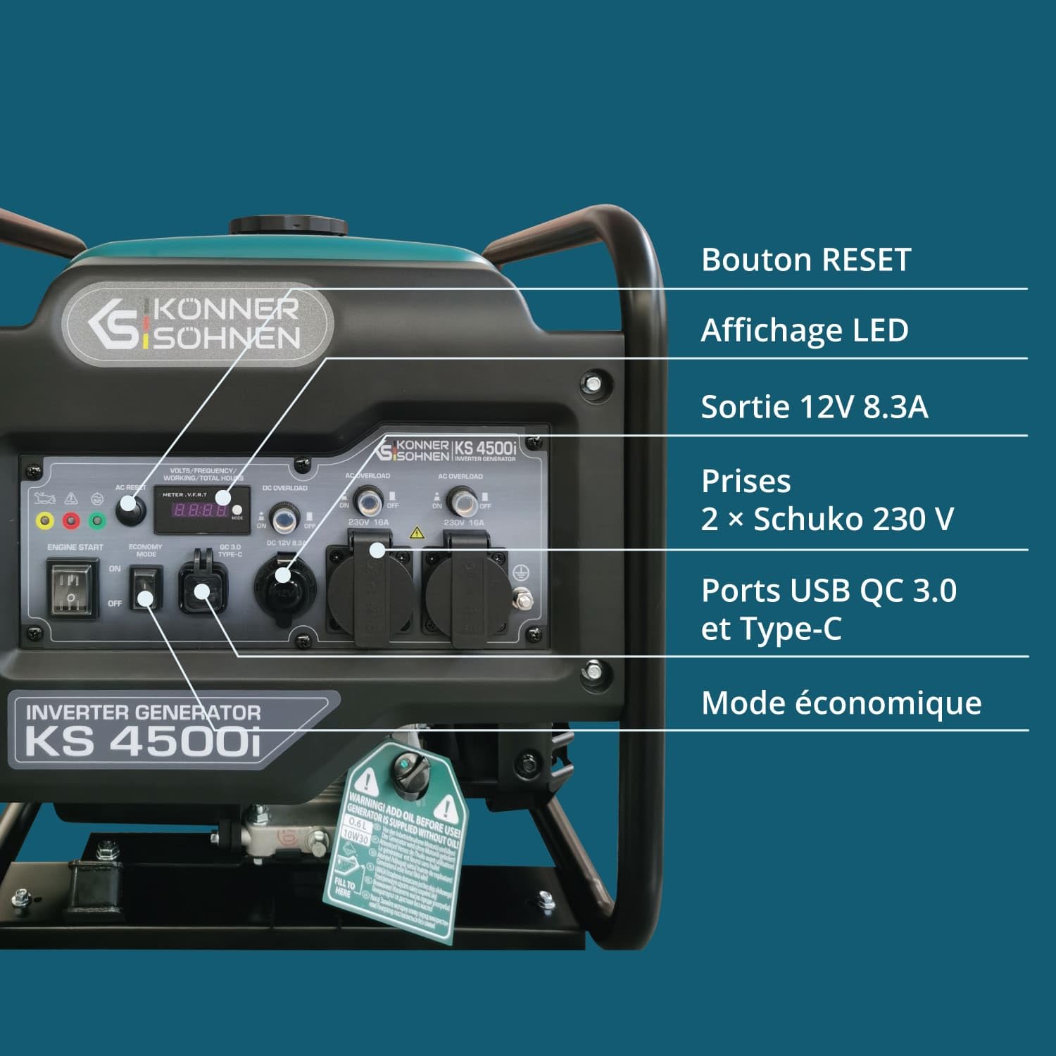 K&S Könner&Söhnen KS 4500i Groupe électrogène essence onduleur 4500 W, USB QC 3.0, Type-C, Générateur à essence avec mode éco, écran LED, 4 temps, 12 V, générateur à onduleur