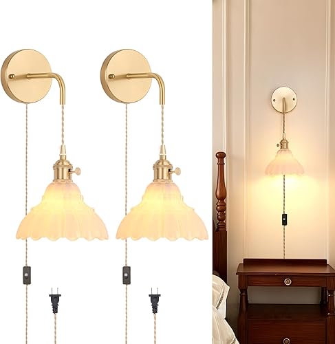 Miniatura 12 de Juego de 2 apliques de pared a pilas, luces de pared recargables vintage con pantalla de vidrio de lirio ámbar, lámpara de pared inalámbrica para