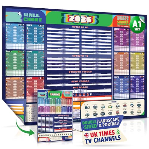 Image of Premium World Cup Wall Chart 2026 - XL A1 World Cup Football 2026 Poster, 2-in-1 Double-sided: For Wall or Door - All games, UK Kick-off Times, UK TV Channels, Stadiums - (33 x 23 in, folded)