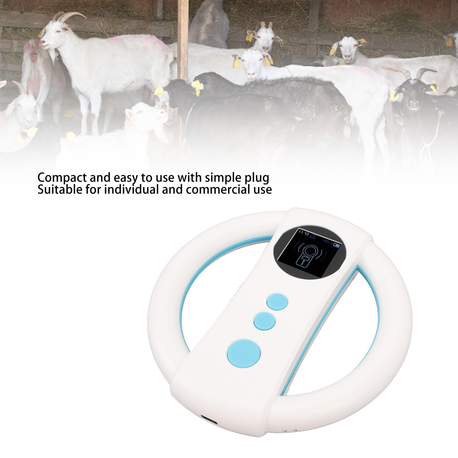 Scanner per targhette identificative per animali con lettura a doppia frequenza 134,2kHz / 125kHz, batteria ricaricabile da 650mAh, porta dati USB, scanner portatile per