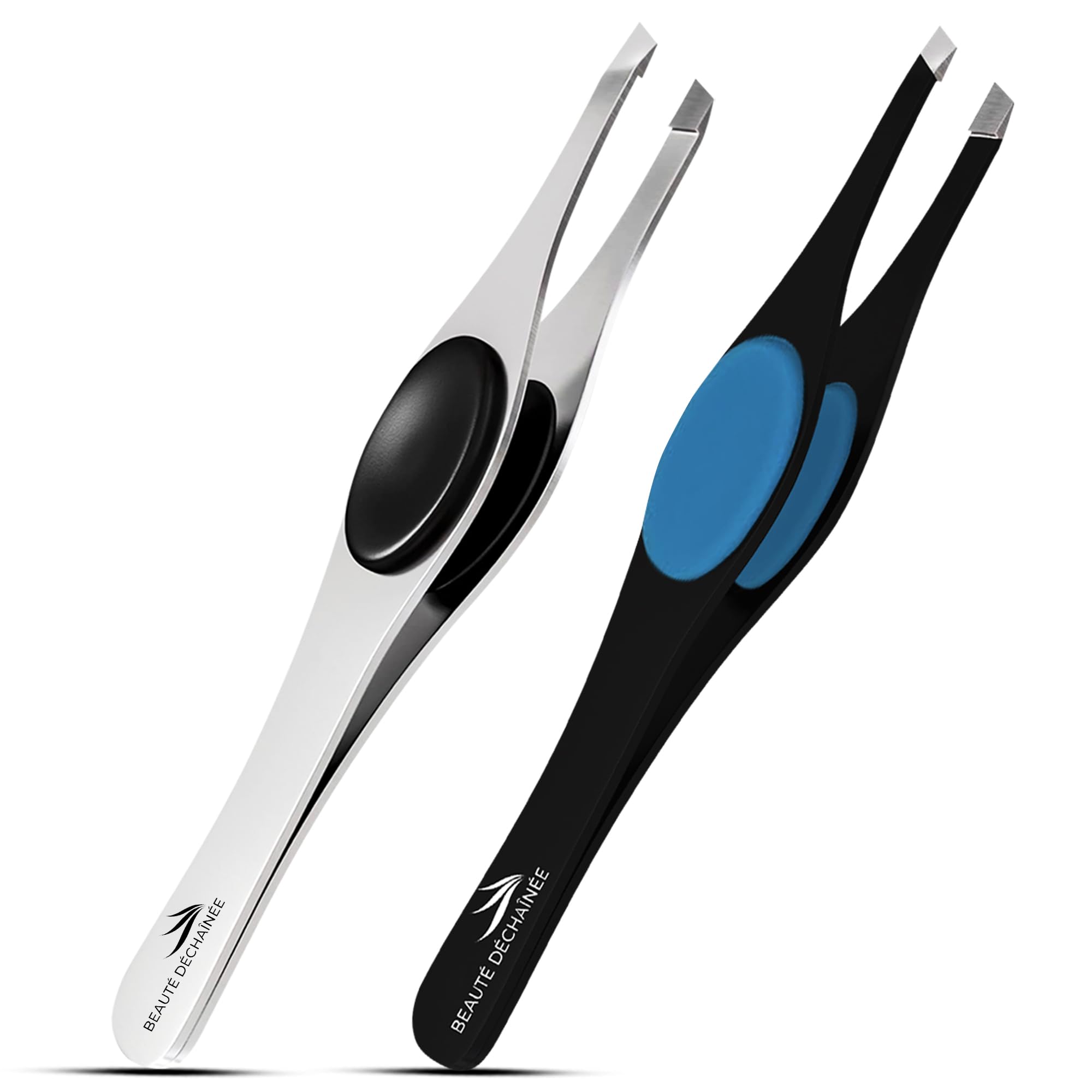 BEAUTÉ DÉCHAÎNÉE Professional Tweezers for Women, Men Wide Grip Slant Tip Premium Tweezers Set 2 Pieces Stainless Steel Eyebrow Tweezers for Ingrown