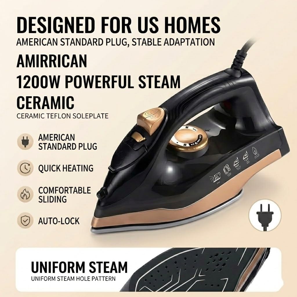 Steam Iron for Clothes, Anti-Drip Protection, Iron Steamer for Clothes, 1200 Watts, Auto-Off, Self-Cleaning, Wrinkle Remover for All Fabrics，Black&Gold