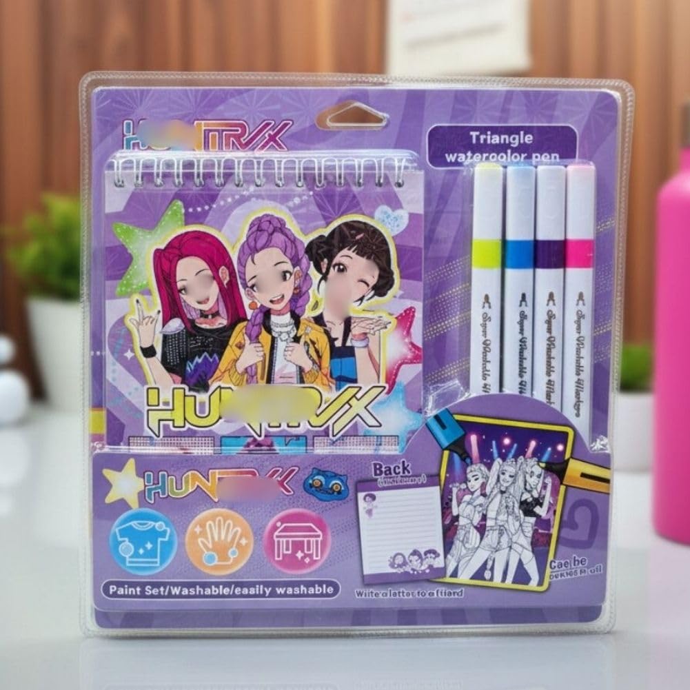 Pop Star Color Painting Set with Triangle Watercolor Pens, Demon Theme Coloring Activity Gift Set, 4 Markers, 6 Coloring Pictures, 6 Blank Drawing Sheets,