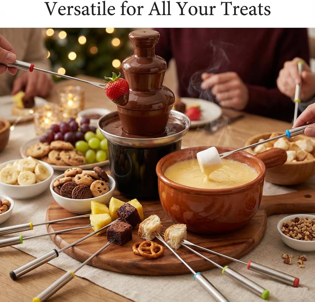 12PCS 9.5 Inch Color-Coded Stainless Steel Fondue Forks - Heat-Resistant Handle for Cheese Fondue, Chocolate Fountain, Smores, Marshmallows, Fruits & Desserts
