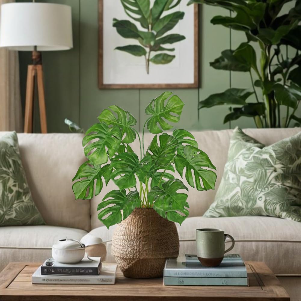 Hollyone 2PCS Artificial Monstera Plants Leaves 28.7" Fake Tropical Monstera Bush Tree Leaf Large Faux Greenery Stem Shrubs for Indoor Outdoor Home Garden Arrangement Jungle Safari Wedding Party Decor