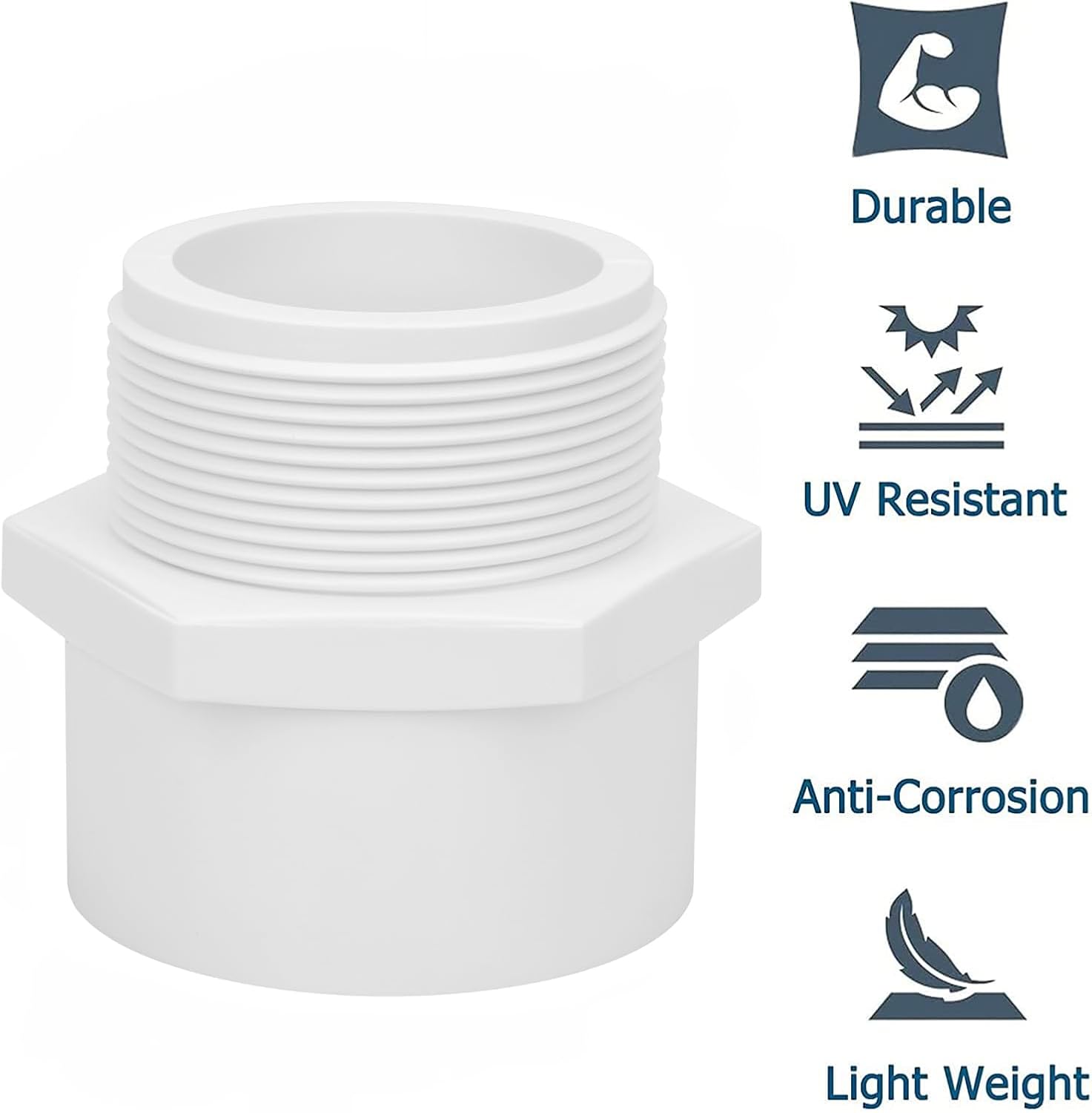 3Pack 2" PVC Male Adapter Pipe Fittings, 2-Way PVC Hose Adapter Coupling with 2-Inch Male Hose Thread, Schedule 40, White