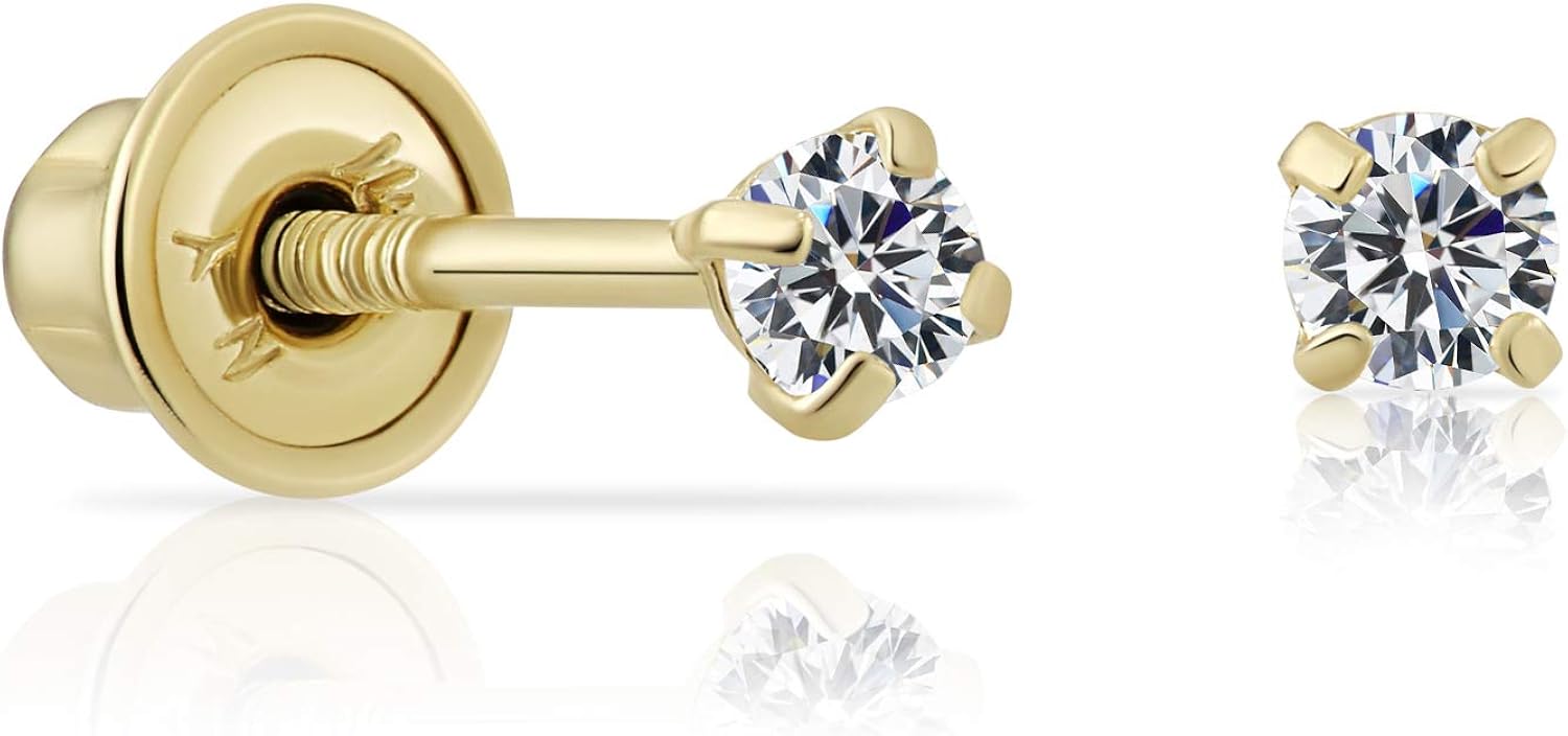 14k Yellow Gold Solitaire Round Cubic Zirconia Stud Earrings in Secure Screw-backs
