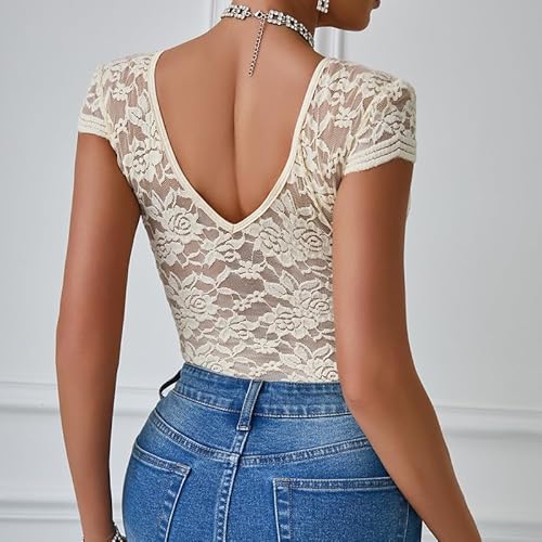 Haibang Body Damen Sexy Spitze V-Ausschnitt Kurzarm Bodysuit Elegant Stickerei Spitzenbody Floral Lace Rückenfrei Oberteil Slim Fit Jumpsuit Overall Sommer Damenbody Spitzenbluse Party Club Shirts