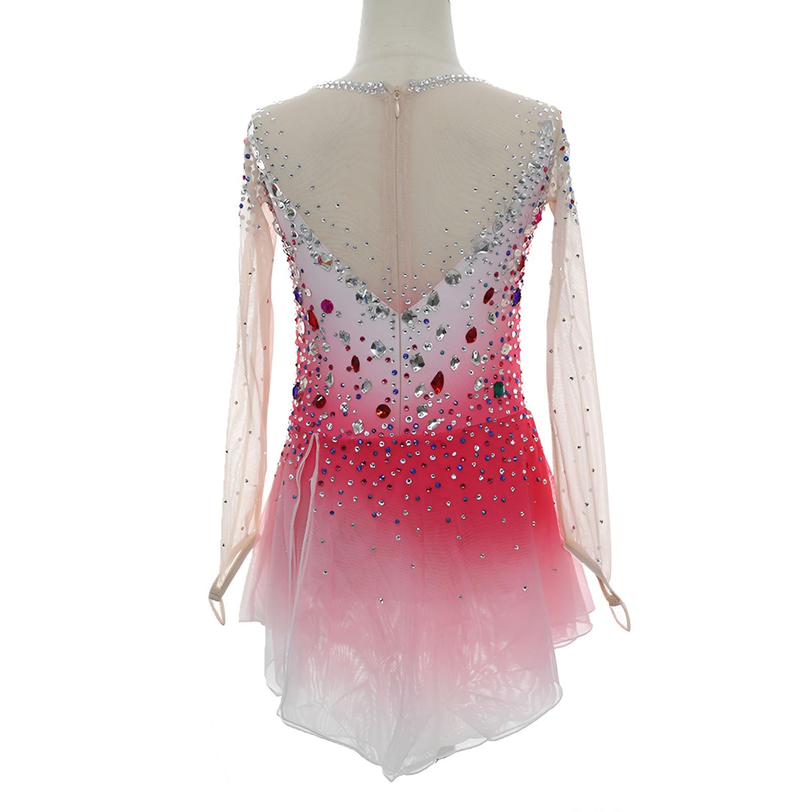 Handmade Sparkly Long Sleeve Figure Skating Dress for Girls and Ladies, Breathable Competition Ice Skating Dress(XX-Large) Pink