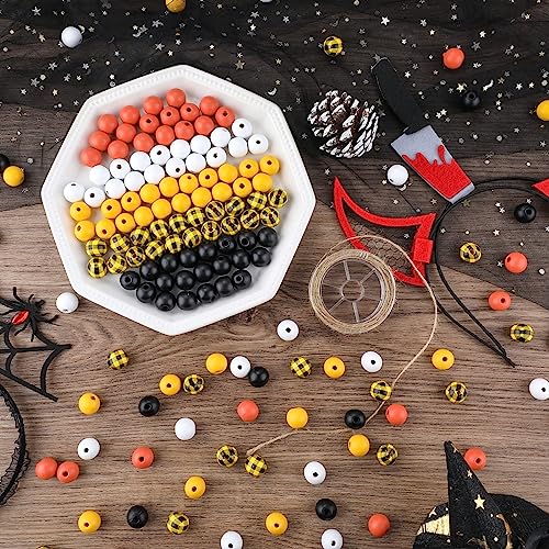 Happy Makers 180PCS Fall Wooden Beads Buffalo Plaid Wood Beads Fall Thanksgiving Halloween Wood Beads for Crafts with 7m Twine, Round Spacer Wood Beads DIY Thanksgiving Halloween Decorations-16mm