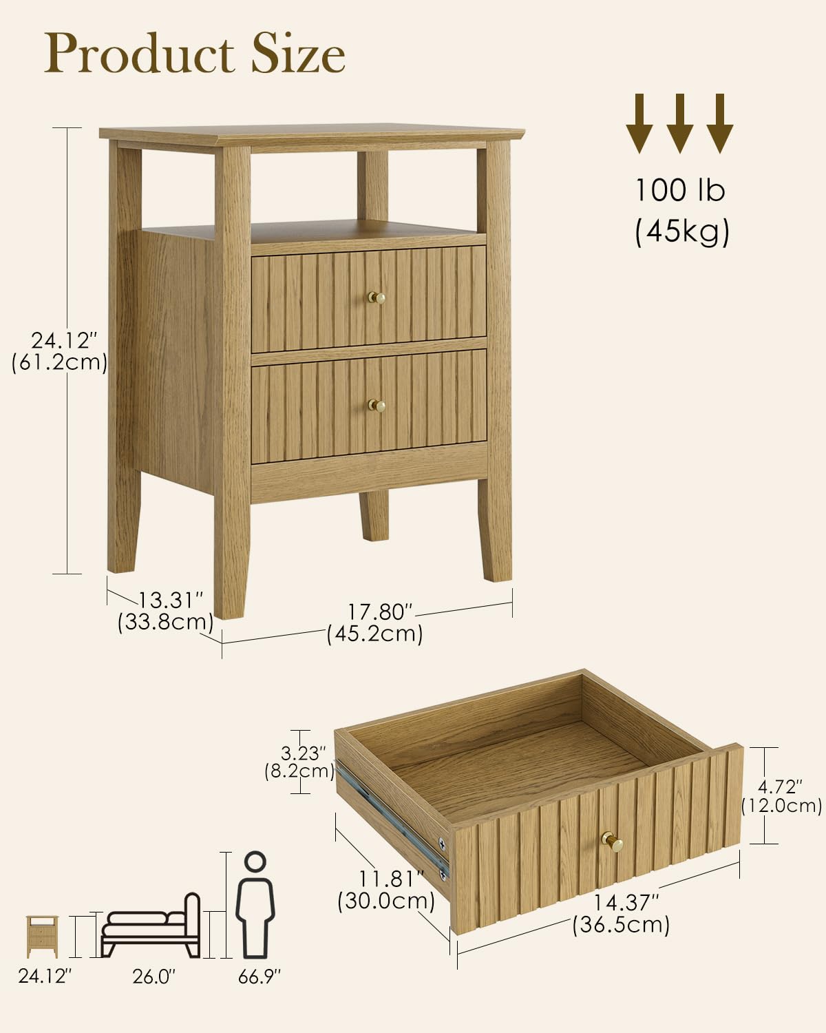 HEYZOEY Mesita de noche retro con 2 cajones, mesita de noche de madera maciza, estilo bohemio, para dormitorio, salón, roble miel