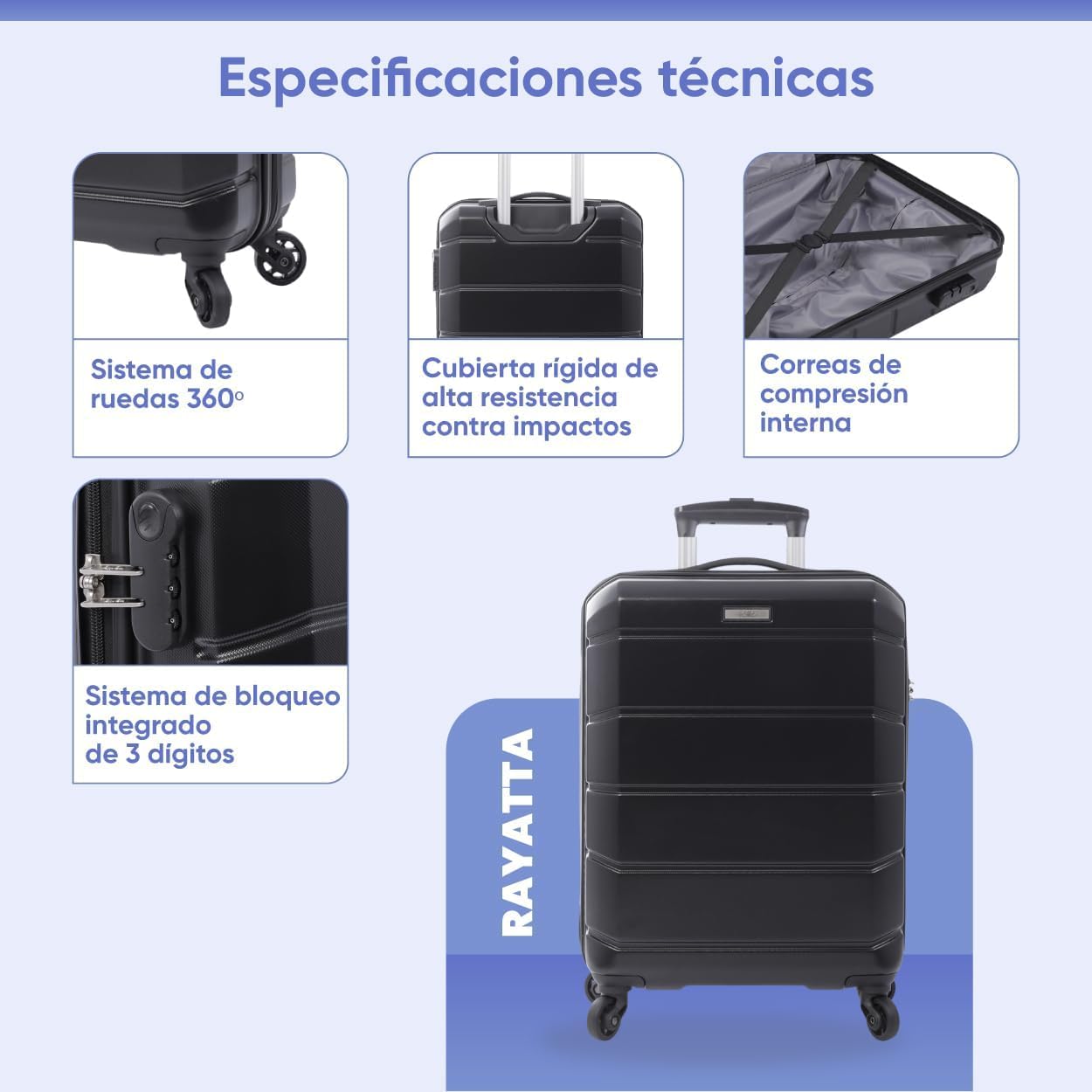TOTTO - Maleta Trolley Cabina, Modelo Rayatta, 38.5 x 57 x 20.5 cm, Capacidad 36L, Alta Resistencia a Impactos, Ruedas 360º, Manija Telescópica, Correas Internas, Candado 3 Dígitos, Color Negro