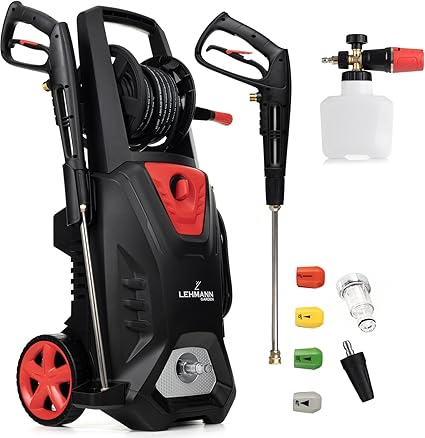 Lehmann LGAPW-3019 Profi Hochdruckreiniger mit Induktionsmotor, 3000 W, Ansaugfunktion, 492 l/h Fördermenge, 12 Meter Schlauch, Kompakter Flächenreiniger mit Reinigungsmittelbehälter inkl. Zubehör